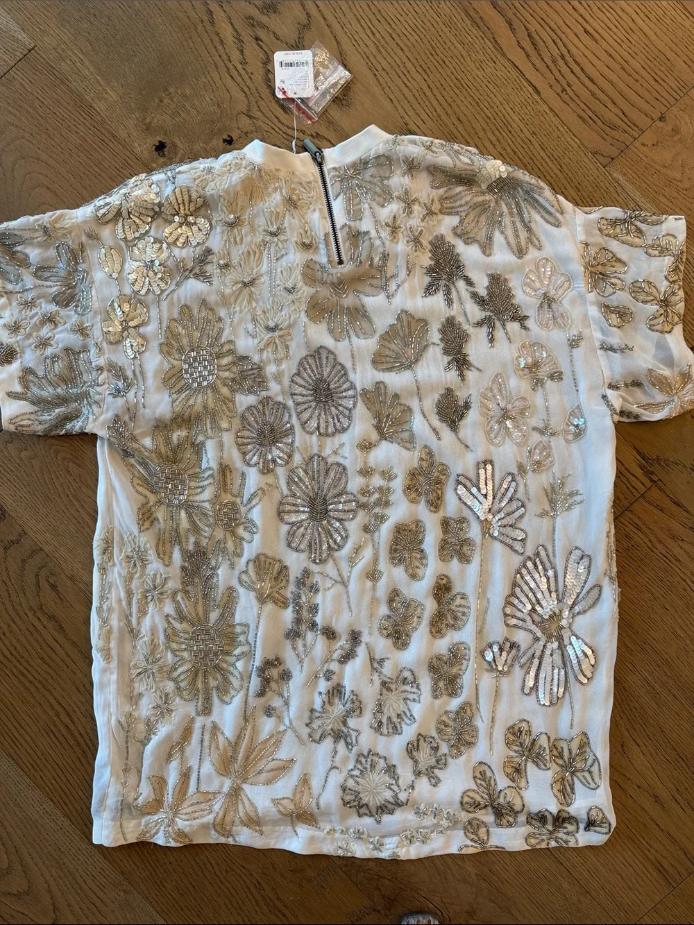 Free People White Short Sleeve Sequin Floral Top